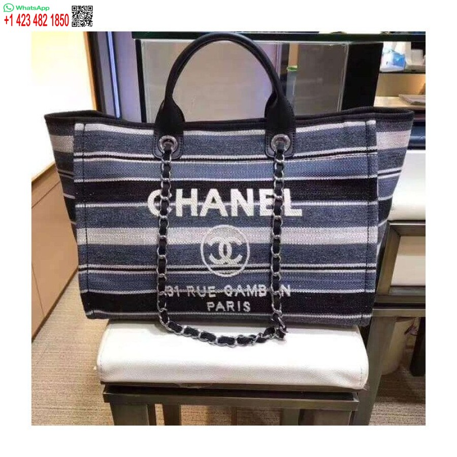 Replica Di Lusso Chanel Deauville Borsa Tote In Tela Di Tweed A Righe Grigie Di Alta Qualità Nera A66941