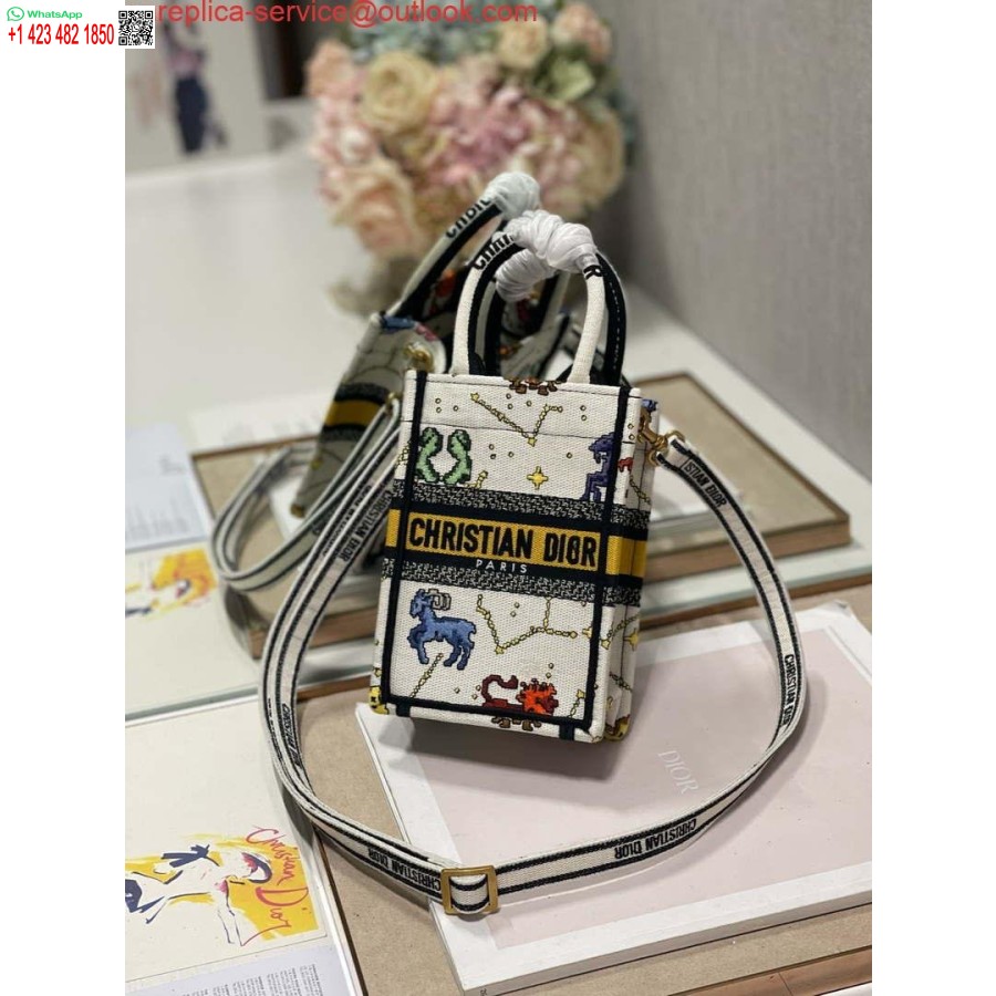 реплика Dior S5555 мини чанта за книга Dior Tote телефон бяла многоцветна бродерия на елени S1105