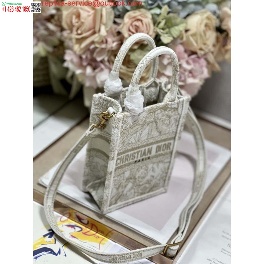 реплика Dior S5555 Mini Dior Book Tote телефон чанта бяла бродерия S1107