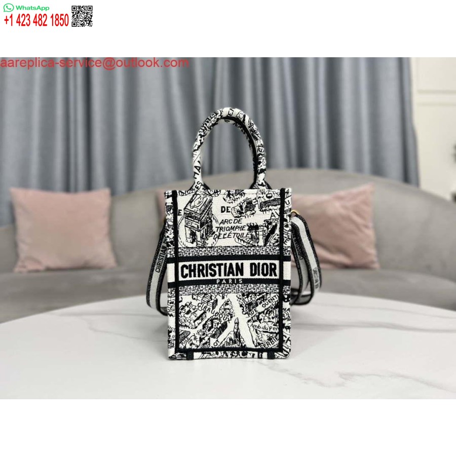 реплика Dior S5555 Mini Dior Book Tote чанта за телефон бяла и черна бродерия S1108