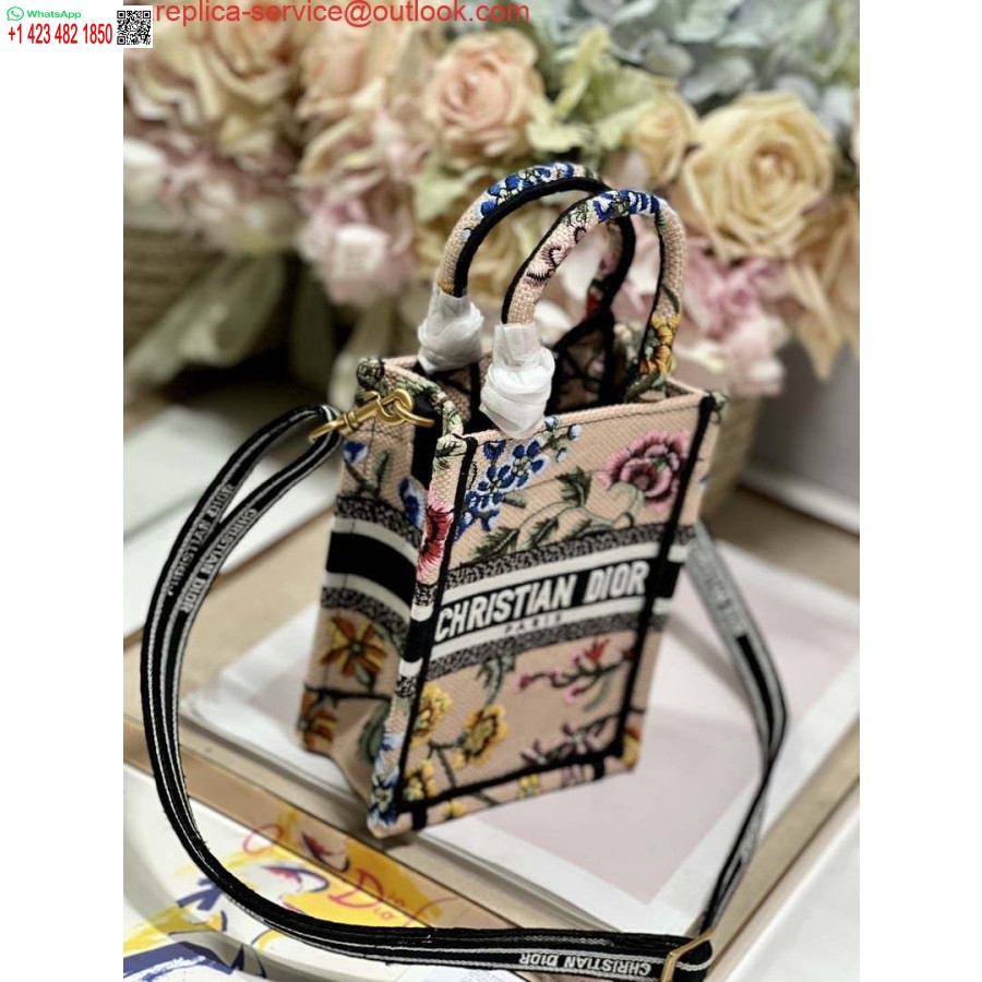 реплика Dior S5555 Mini Dior Book Tote чанта за телефон розова многоцветна бродерия S1103