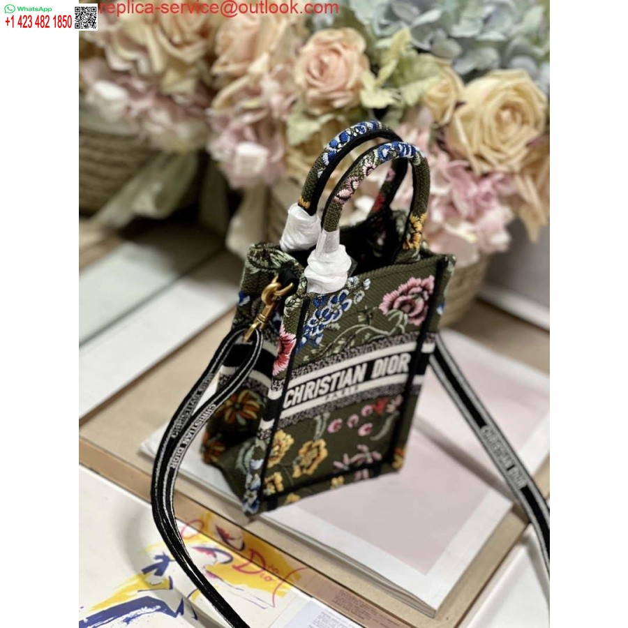 реплика Dior S5555 Mini Dior Book Tote телефон чанта зелена многоцветна бродерия S1100