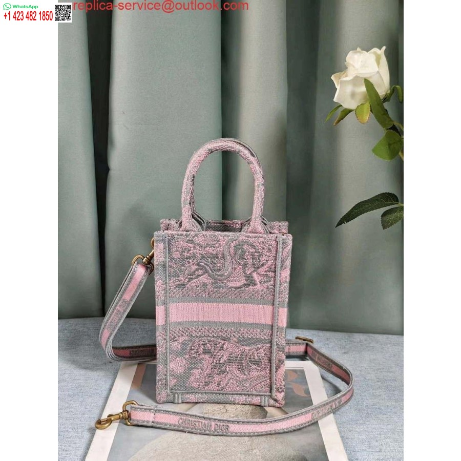 реплика Dior S5555 Mini Dior Book Tote чанта за телефон сиво и розово Toile De Jouy обратна бродерия