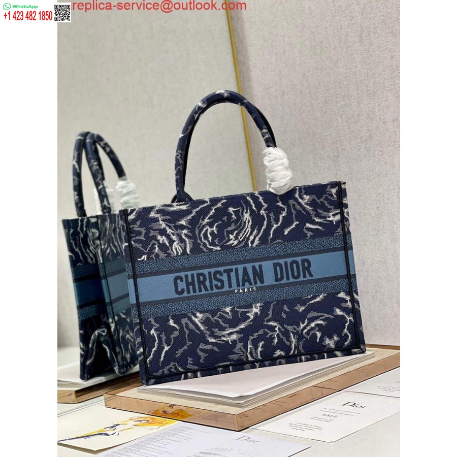 Replika Dior M1296 Mittlere Buchtasche Mit Blauen Rosenstickereien