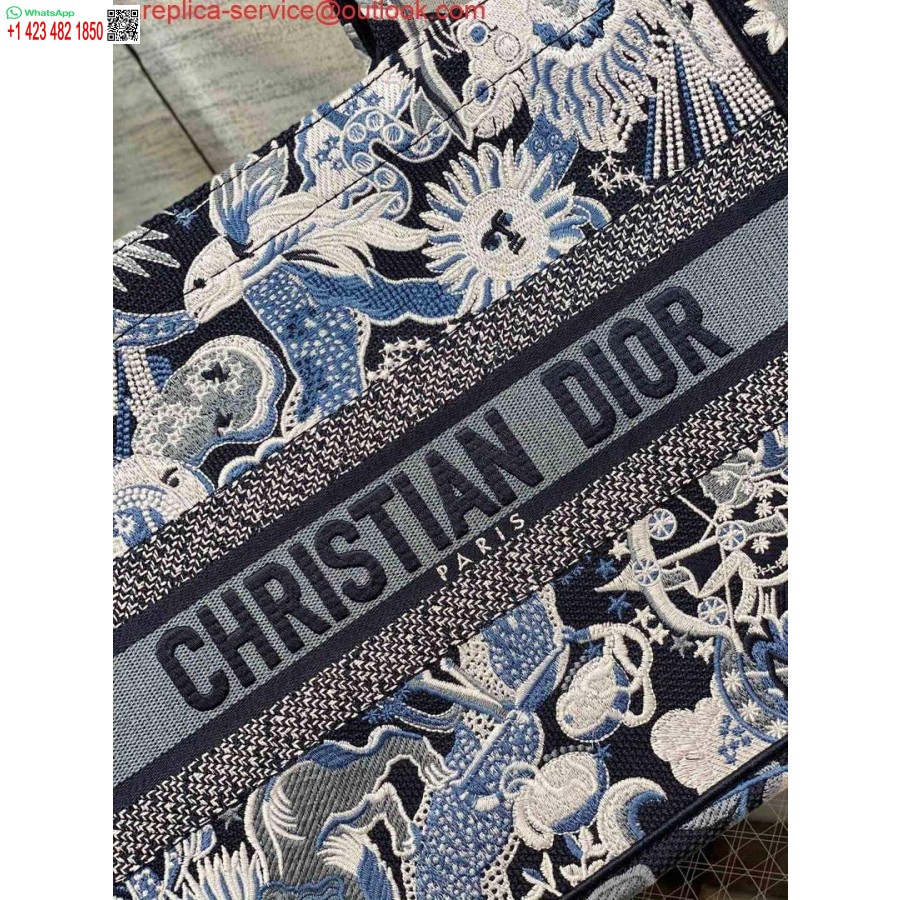 Replika-Dior-M1296-Mittelbuchtasche Mit Blauer, Mehrfarbiger Tierkreiszeichen-Fantastico-Stickerei