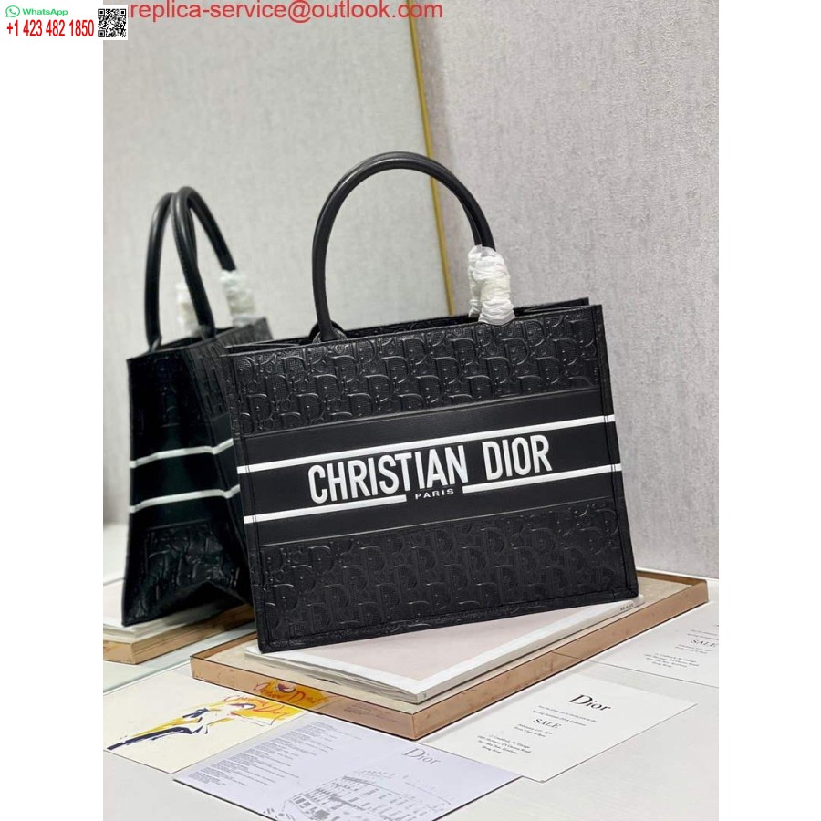 Replika Dior M1296 Medium Book Tote Aus Schwarzem, Perforiertem Und Geprägtem, Schrägem Kalbsleder