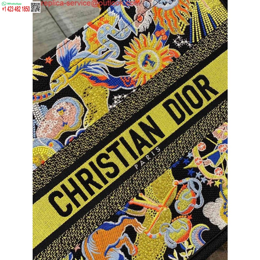 Replika Dior M1296 Mittlere Buchtasche Schwarz Mehrfarbige Tierkreiszeichen Fantastico Stickerei