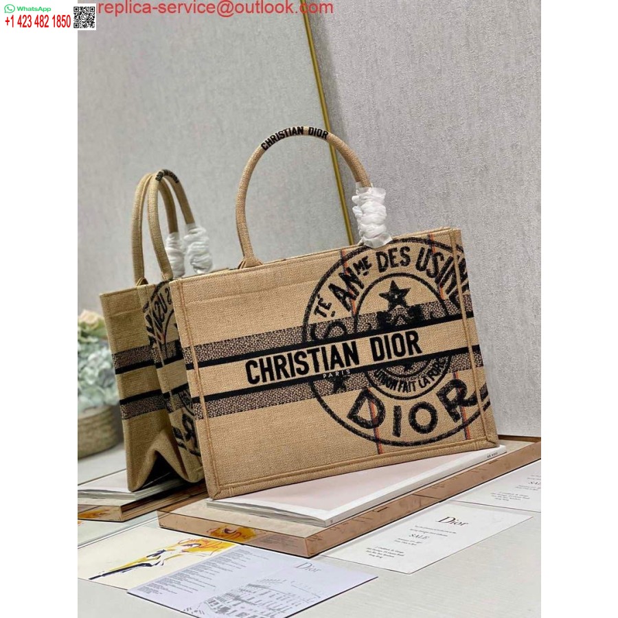 Replika Dior M1296 Medium Book Tote Aus Beigem Jutestoff Mit Union-Motiv-Stickerei