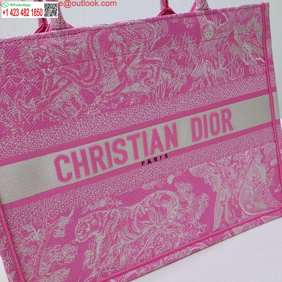 Replika Dior M1296 Buchtasche Mittelgroße Neonpinke Toile De Jouy-Reverse-Stickerei