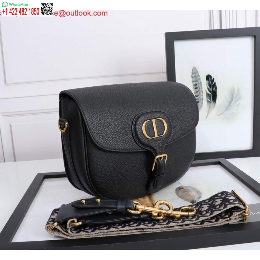 реплика Dior M9320 голяма чанта Bobby черна зърнеста телешка кожа със синя наклонена каишка Dior