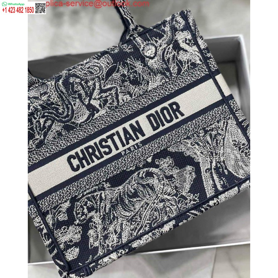 Replika Dior Book Tote M1265, Kleine Toile-de-Jouy-Stickerei, Blau