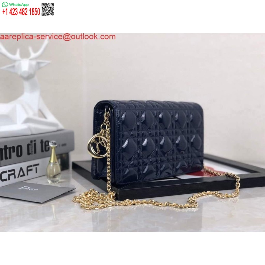 Replica Dior S0204 Lady Dior Pochette In Vernice Cannage Di Vitello Blu Navy