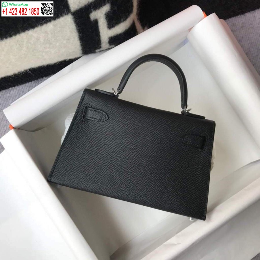 Replica Borsa Hermes Kelly Hermes Mini Borsa A Tracolla Epsom Da 19 Cm Fibbia Argento Nera 20456