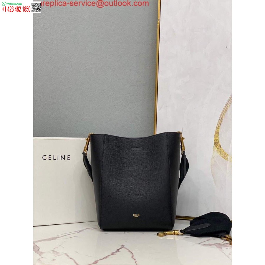 Replica Celine 178303 Sangle Pieni ämpäripussi Pehmeää Rakeista Vasikannahkaa Mustaa