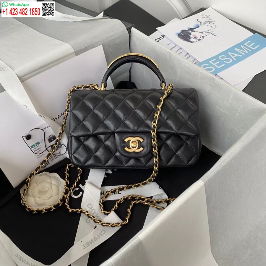 реплика Chanel агнешка мини чанта 1:1 с огледален капак и горна дръжка Uk черно As2431