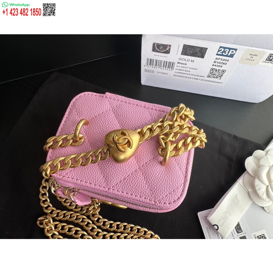 نسخة طبق الأصل من حقيبة شانيل العلوية مع سلسلة من جلد العجل المحبب عالي الجودة ومعدن ذهبي اللون وردي AP3203
