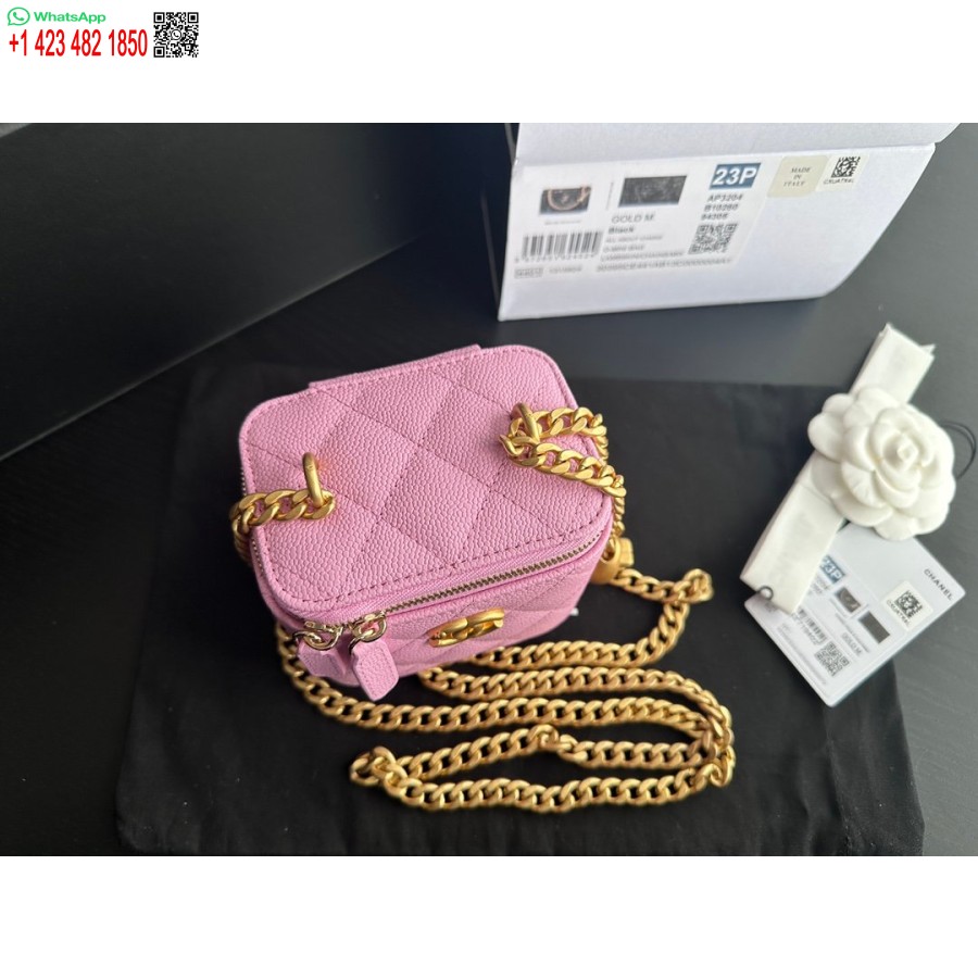 نسخة طبق الأصل من حقيبة شانيل العلوية مع سلسلة من جلد العجل المحبب عالي الجودة ومعدن ذهبي اللون وردي AP3203