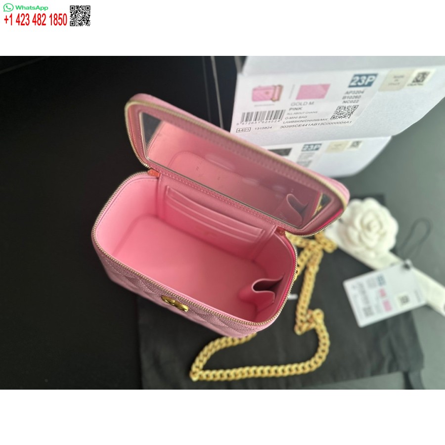 ρεπλίκα Chanel κλασικό πορτοφόλι σε αλυσίδα καλύτερο ροζ αντίγραφο Ap0250