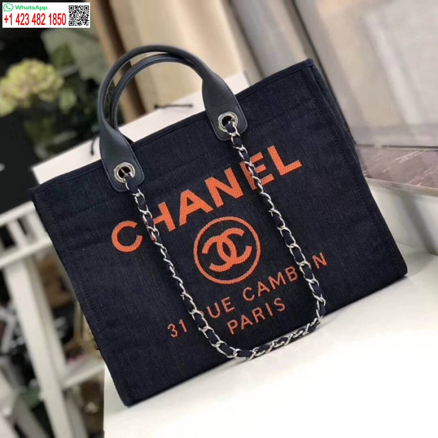 Chaneli Koopiast Inspireeritud Deauville'i Kott 38 Cm Moodne Lõuendist Kott A66941 Denim Sinine/oranž