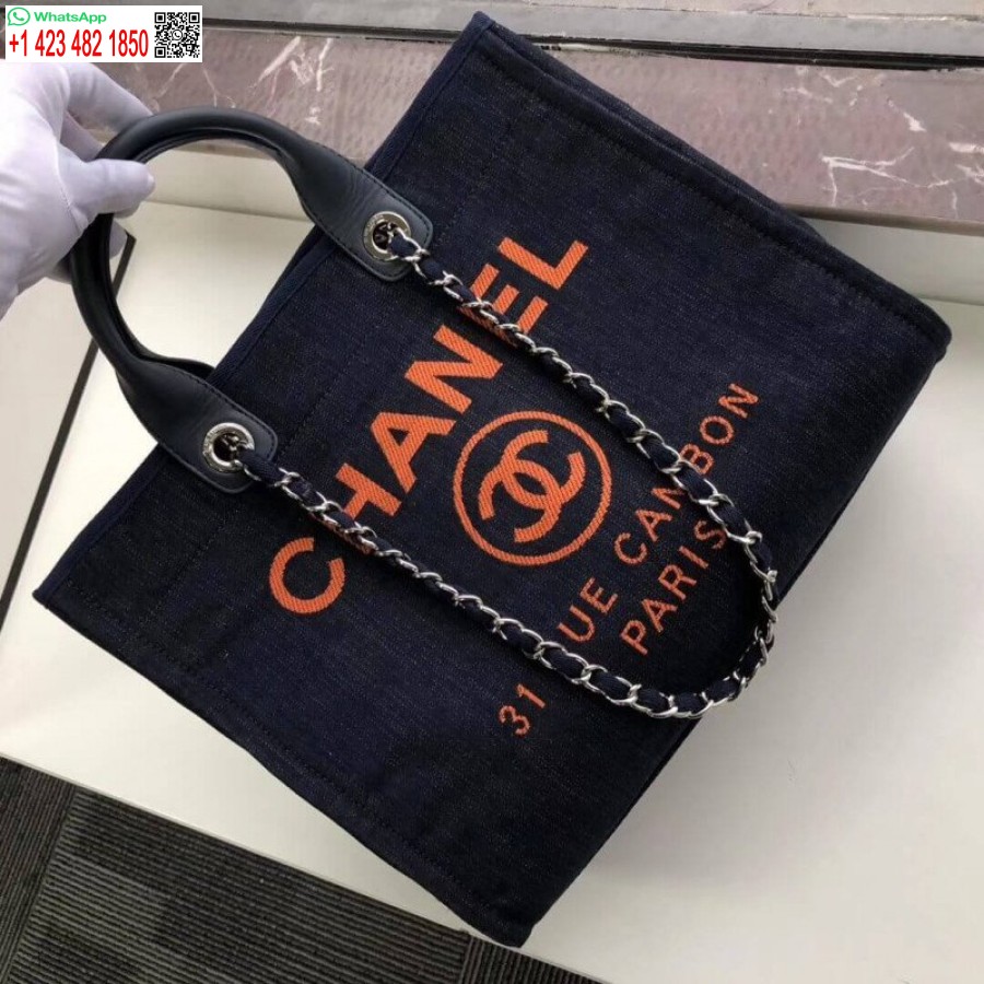 Chaneli Koopiast Inspireeritud Deauville'i Kott 38 Cm Moodne Lõuendist Kott A66941 Denim Sinine/oranž