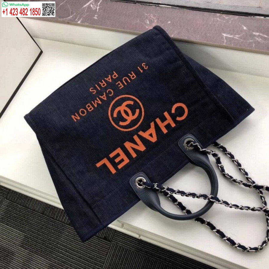 Chaneli Koopiast Inspireeritud Deauville'i Kott 38 Cm Moodne Lõuendist Kott A66941 Denim Sinine/oranž