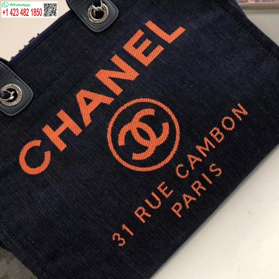 Chaneli Koopiast Inspireeritud Deauville'i Kott 38 Cm Moodne Lõuendist Kott A66941 Denim Sinine/oranž