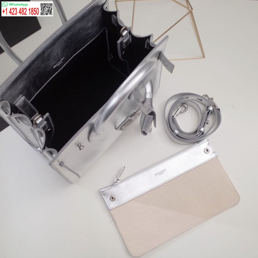 Replica Saint Knockoff Laurent Sac Ispirato De Jour Souple Baby In Pelle Di Vitello Argento Stropicciata 477477