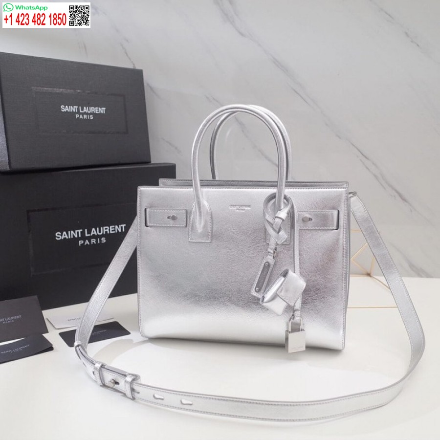 Replica Saint Knockoff Laurent Sac Ispirato De Jour Souple Baby In Pelle Di Vitello Argento Stropicciata 477477