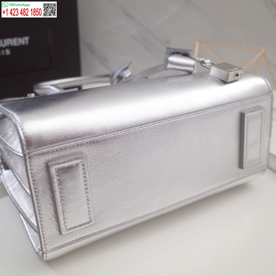 Replica Saint Knockoff Laurent Sac Ispirato De Jour Souple Baby In Pelle Di Vitello Argento Stropicciata 477477