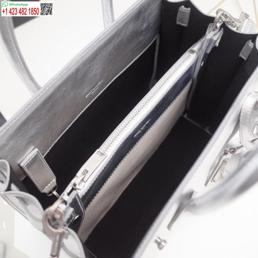 Replica Saint Knockoff Laurent Sac Ispirato De Jour Souple Baby In Pelle Di Vitello Argento Stropicciata 477477