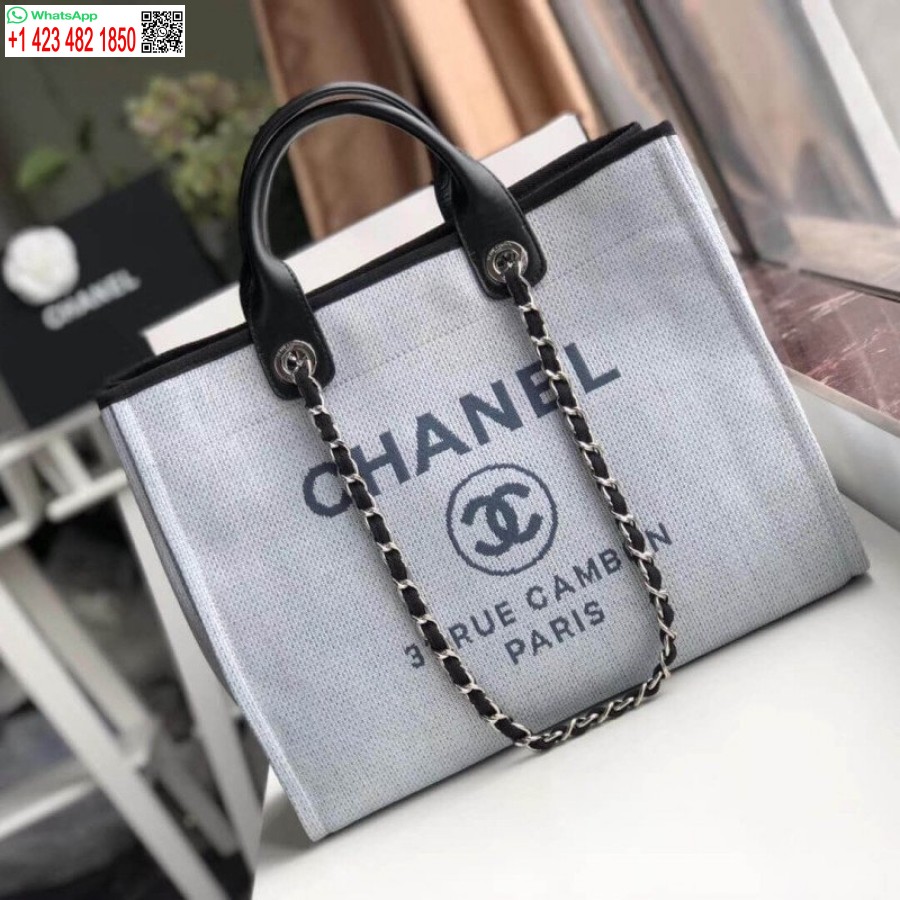 Replica Chanel Deauville Tote Replicas 38cm Uk Canvas Laukku A66941 Vaaleanharmaa/musta