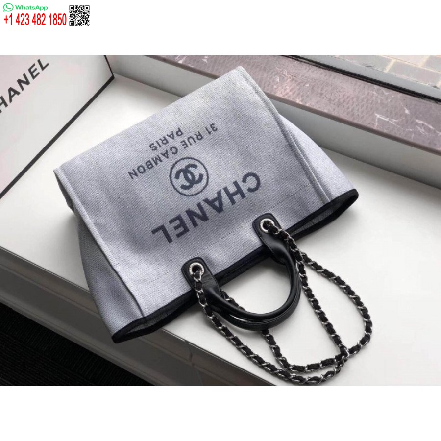 Replica Chanel Deauville Tote Replicas 38cm Uk Canvas Laukku A66941 Vaaleanharmaa/musta