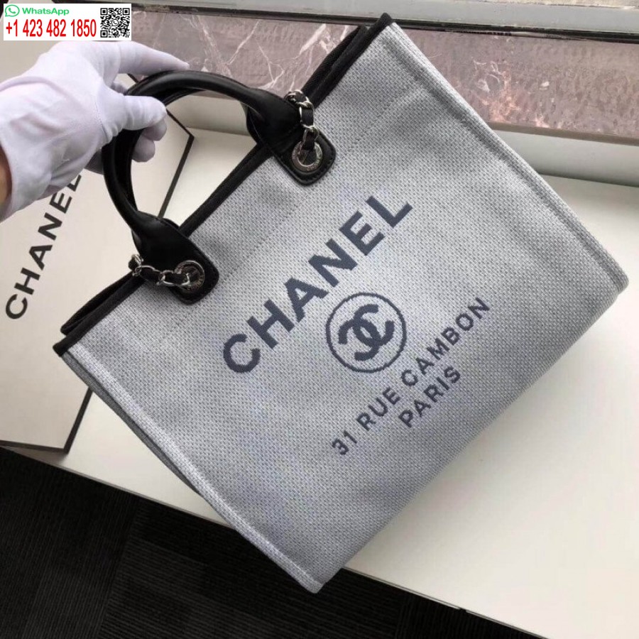 Replica Chanel Deauville Tote Replicas 38cm Uk Canvas Laukku A66941 Vaaleanharmaa/musta