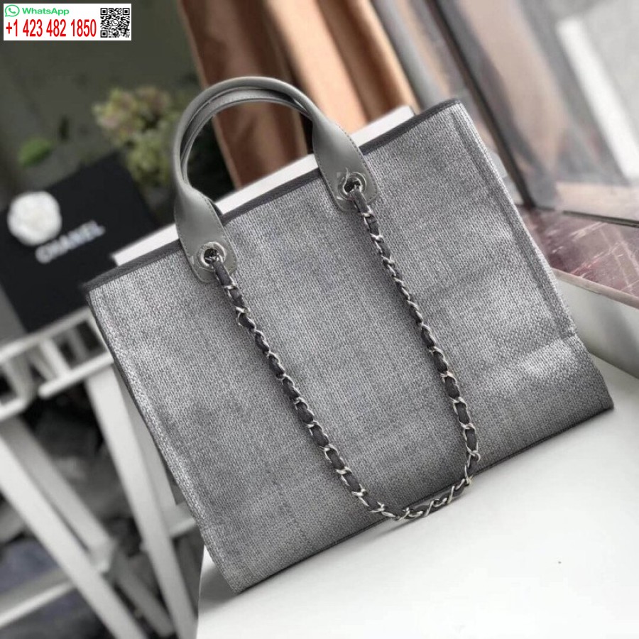 Replica Chanel Deauville Tote Knockoff 38cm Lõuendist Kott Luksus A66941 Tuhahall
