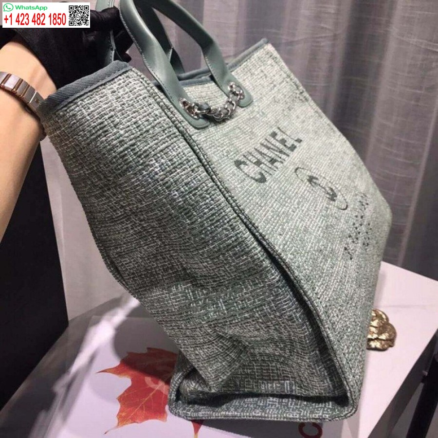 Replica Chanel Deauville Tote Knockoff Borsa Di Tela 38 Cm Alta A66941 Verde Fico