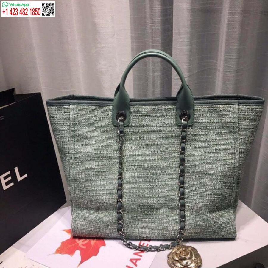 Replica Chanel Deauville Tote Knockoff Borsa Di Tela 38 Cm Alta A66941 Verde Fico