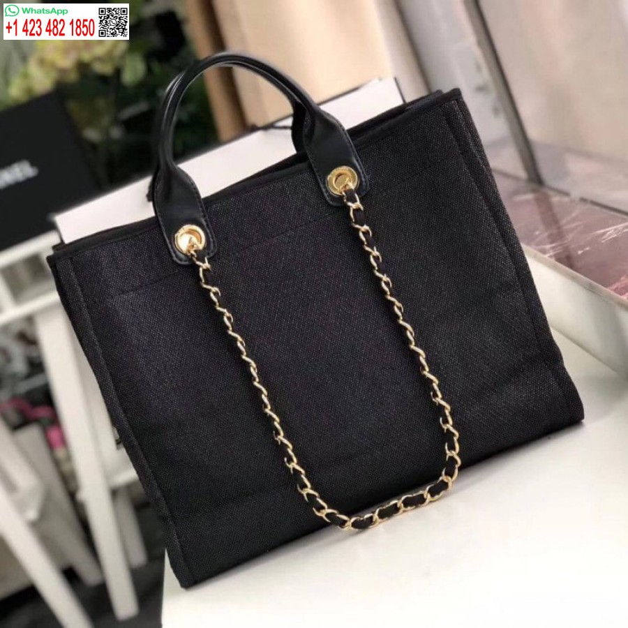 Replica Chanel Deauville Tote Borsa Di Tela 38 Cm Di Alta Qualità 7 Stelle A66941 Nero / Grigio