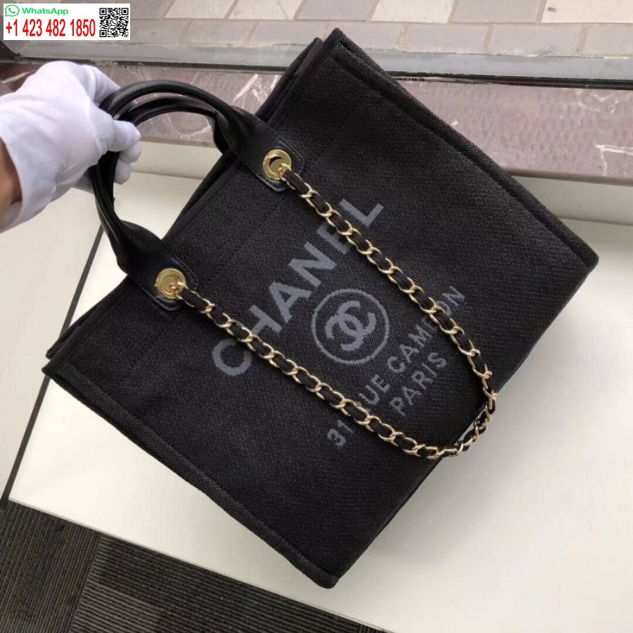 Replica Chanel Deauville Tote Borsa Di Tela 38 Cm Di Alta Qualità 7 Stelle A66941 Nero / Grigio