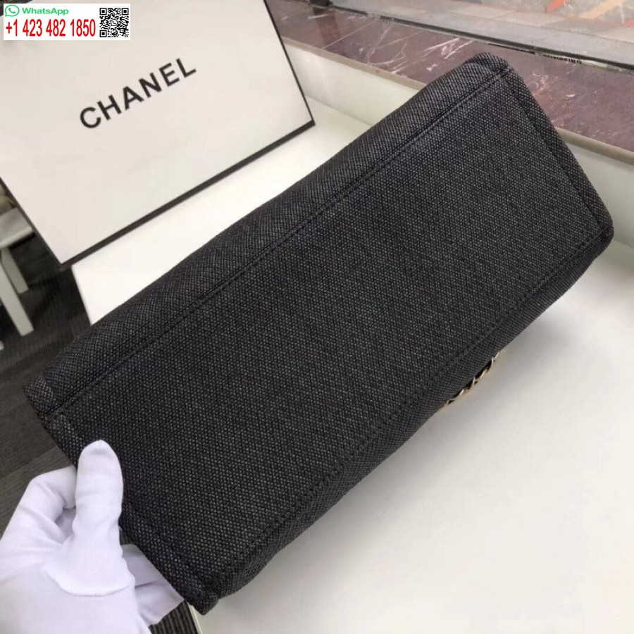 Replica Chanel Deauville Tote Borsa Di Tela 38 Cm Di Alta Qualità 7 Stelle A66941 Nero / Grigio