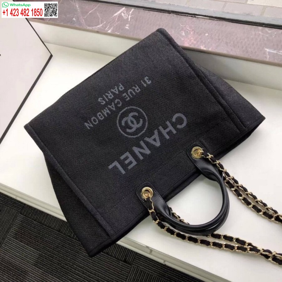 Replica Chanel Deauville Tote Borsa Di Tela 38 Cm Di Alta Qualità 7 Stelle A66941 Nero / Grigio