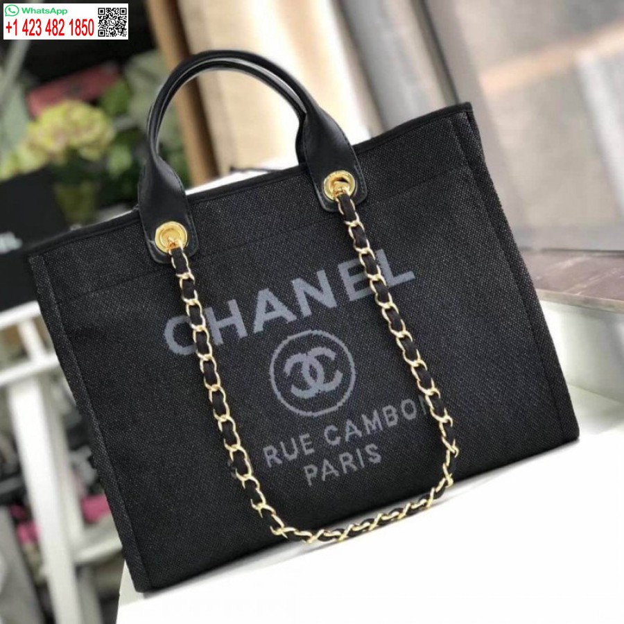 Replica Chanel Deauville Tote Kvaliteetne 38 Cm Lõuendist Kott 7 Tärni A66941 Must / Hall