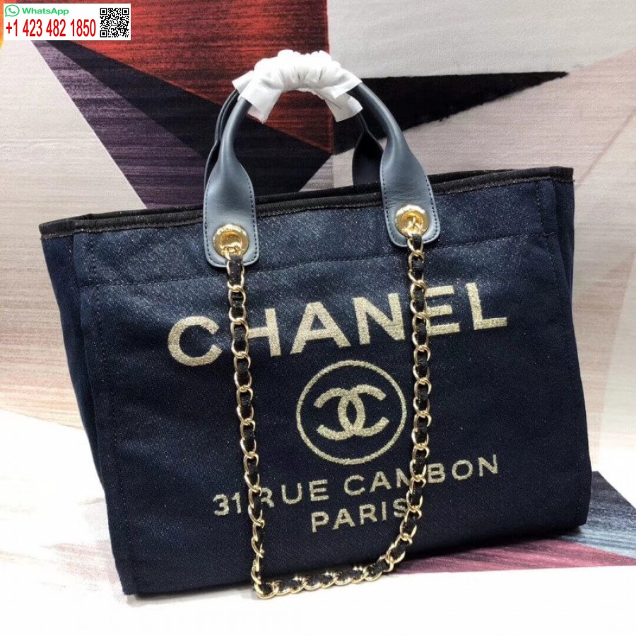 Chanel Deauville'i Koopia Kõrge 38 Cm Odav Lõuendist Kott A66941 Denim Sinine/kuldne