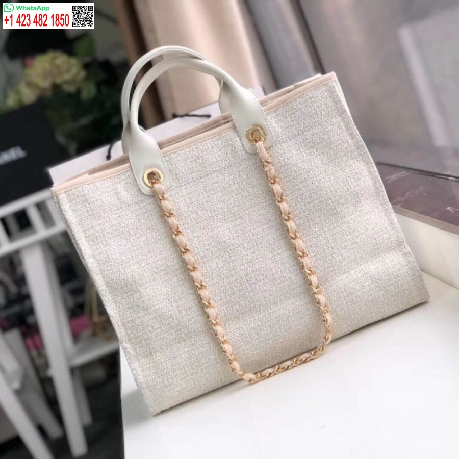 Replica Borsa Chanel Deauville Borsa Imitazione In Tela Di Design Da 38 Cm A66941 Beige / Bianco