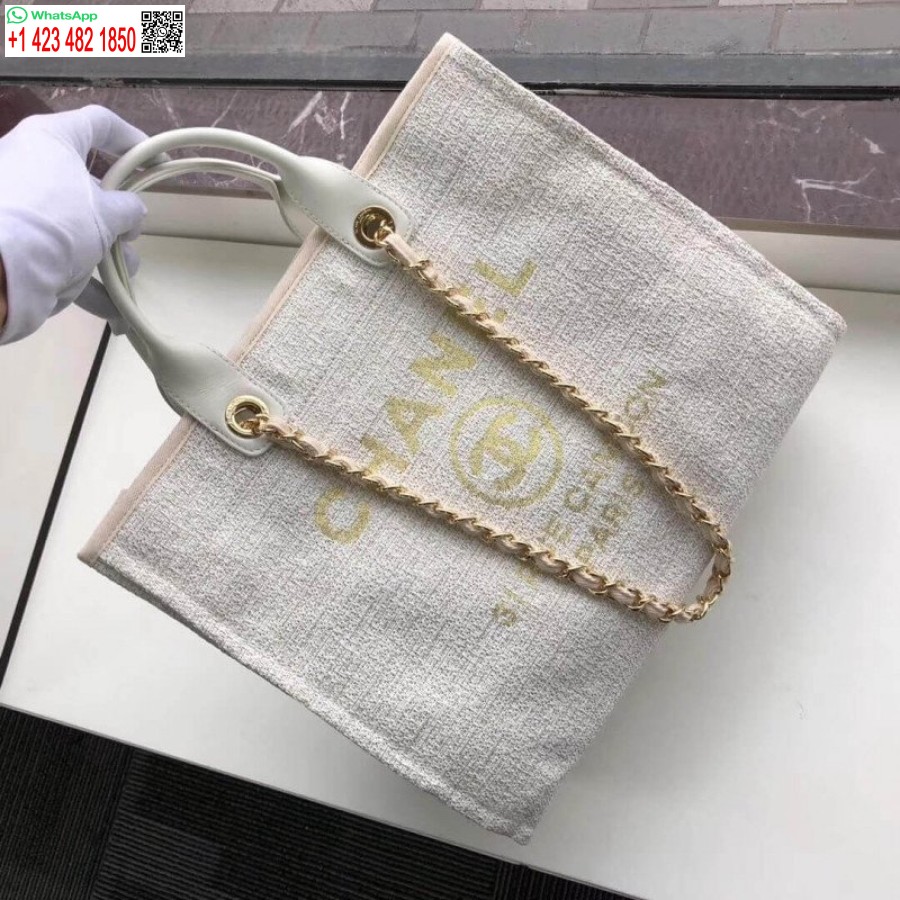 Replica Borsa Chanel Deauville Borsa Imitazione In Tela Di Design Da 38 Cm A66941 Beige / Bianco