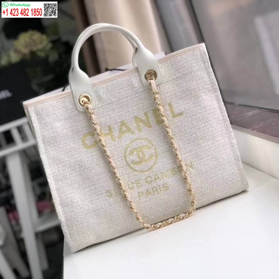 Chanel Deauville'i Koopia, 38 Cm Disainitud Lõuendist Kott A66941 Beež/valge