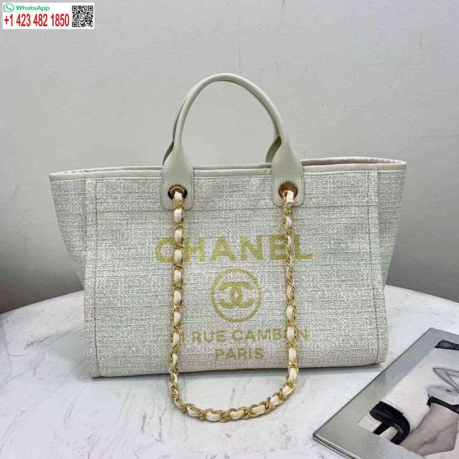 Replica Chanel Deauville Tote 38Cm Copy Canvas Bag Replicas A66941 White/Gold