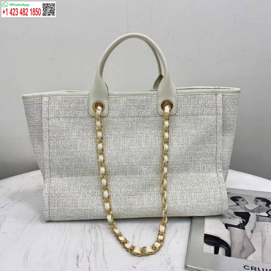 Replica Chanel Deauville Tote 38Cm Copy Canvas Bag Replicas A66941 White/Gold