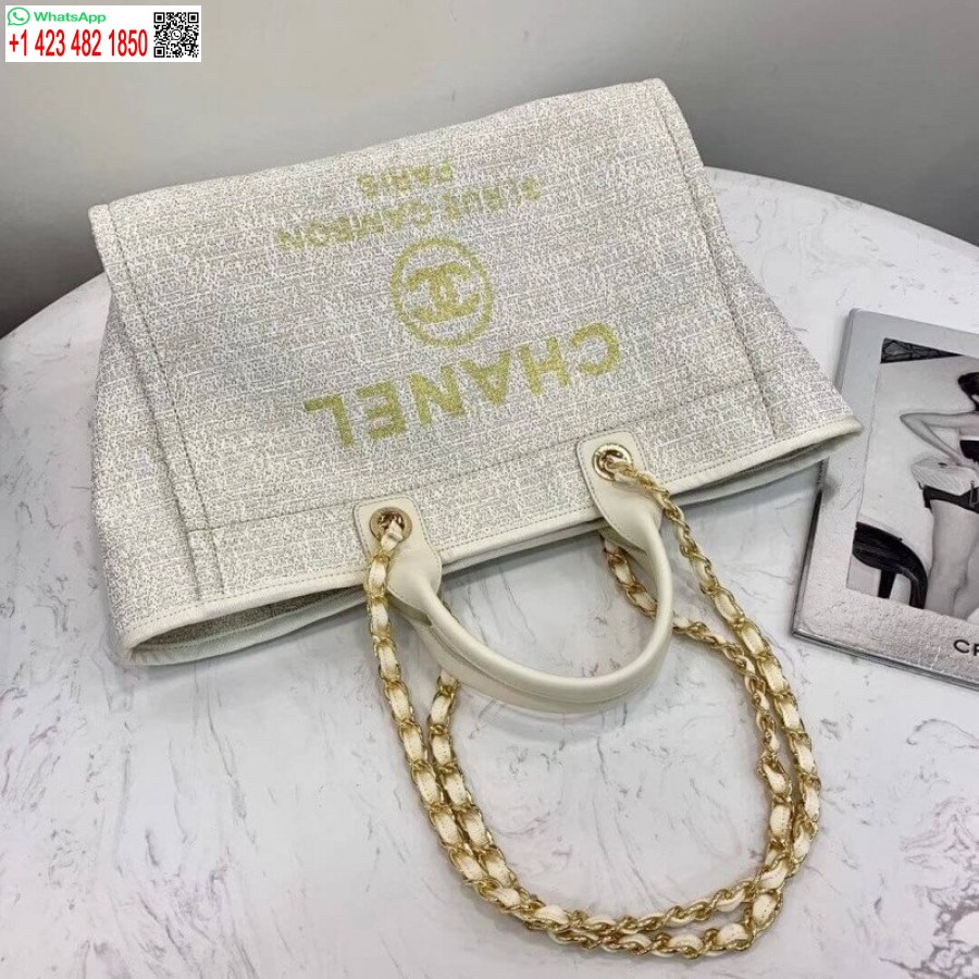 Replica Chanel Deauville Tote 38Cm Copy Canvas Bag Replicas A66941 White/Gold