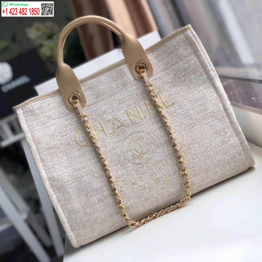Replica Chanel Deauville Tote 38cm Lõuendist Kott Uk A66941 Kreem Knockoff / Beež