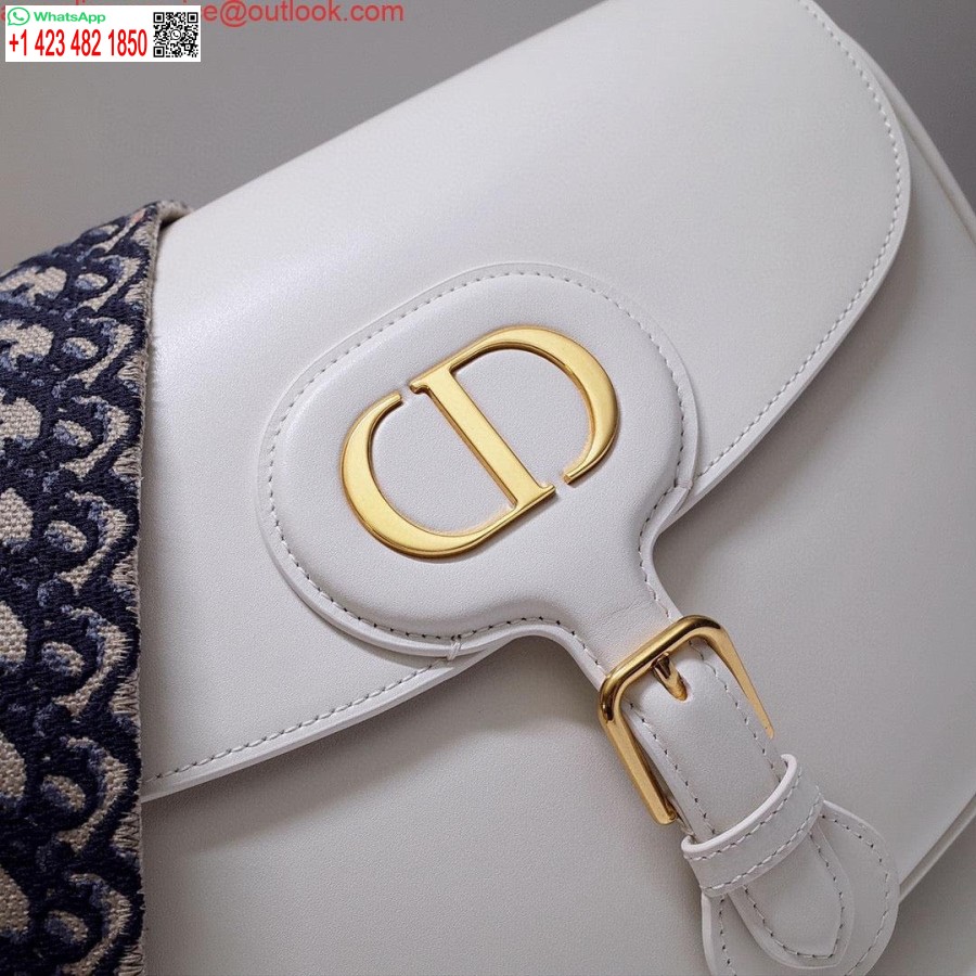 Replica Dior M9320 Borsa Bobby Grande In Pelle Di Vitello Bianca Con Cinturino Obliquo Blu